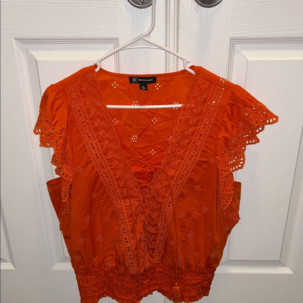 INC Bright Orange Eyelet Flutter Sleeve Women's Top - Picture 4 of 4